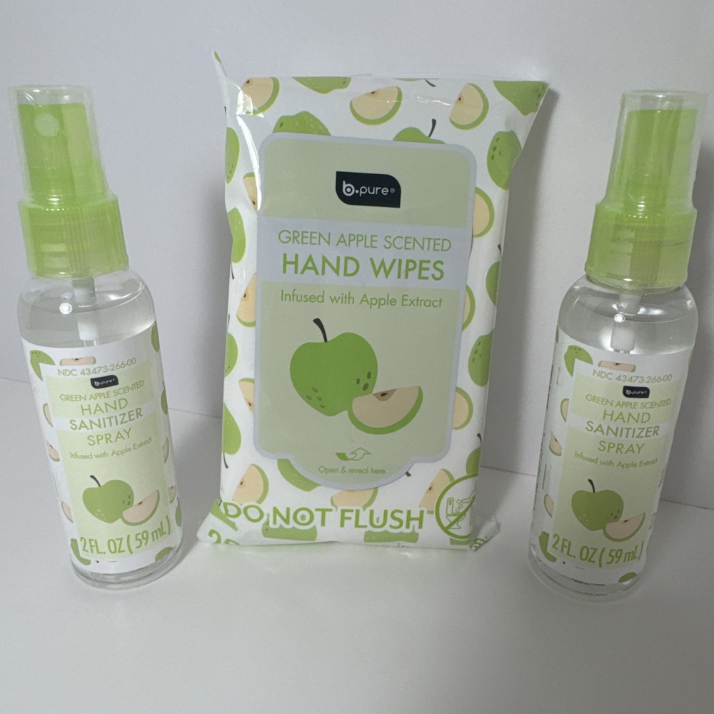 B PURE HAND WIPES‎ & 2 HAND SANITIZER SPRAYS (GREEN APPLE)